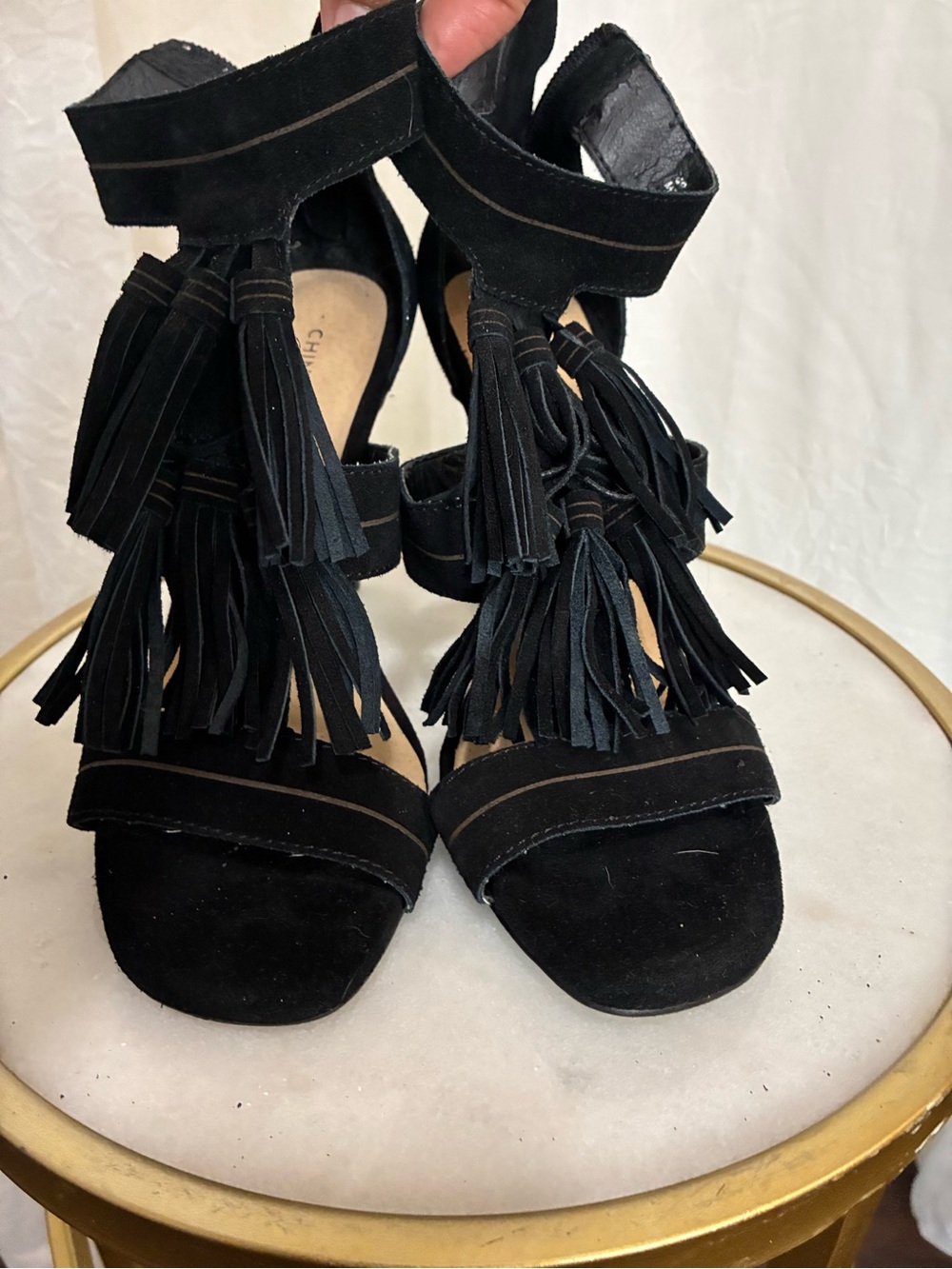 Chinese Laundry Black Suede Tassel Ankle-Strap Heels
